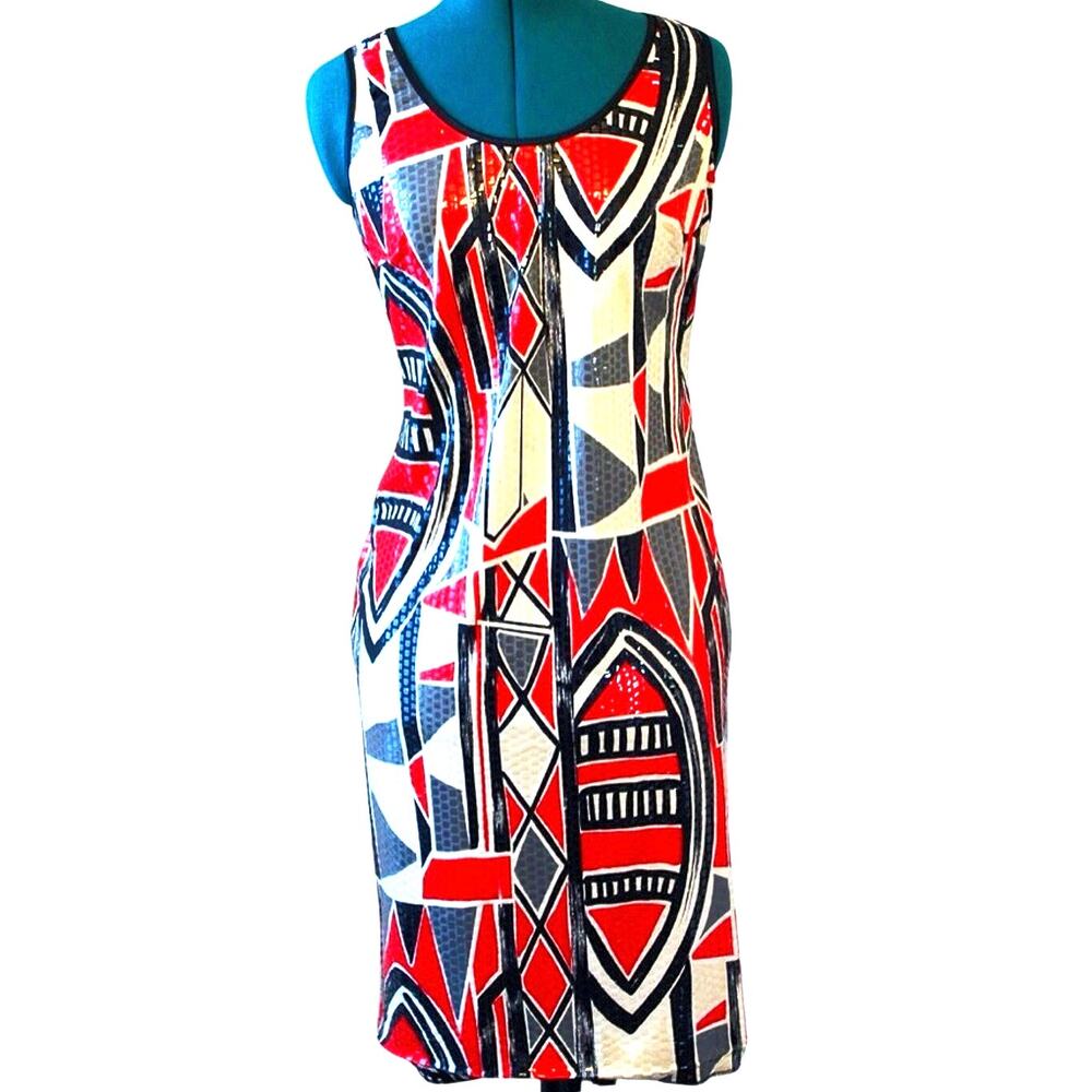 Joseph Ribkoff Art Deco Red, White, Black Geometric Shift Dress– Women’s Size 10